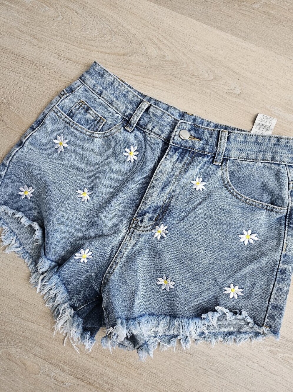 SHEIN Light Blue Denim Daisy Embroidered Jean Shorts